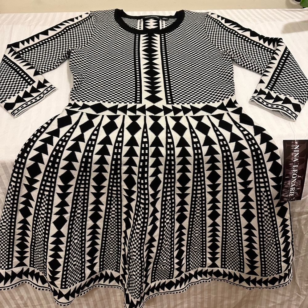 Nina Leonard Geometric Fit & Flare Sweater Dress